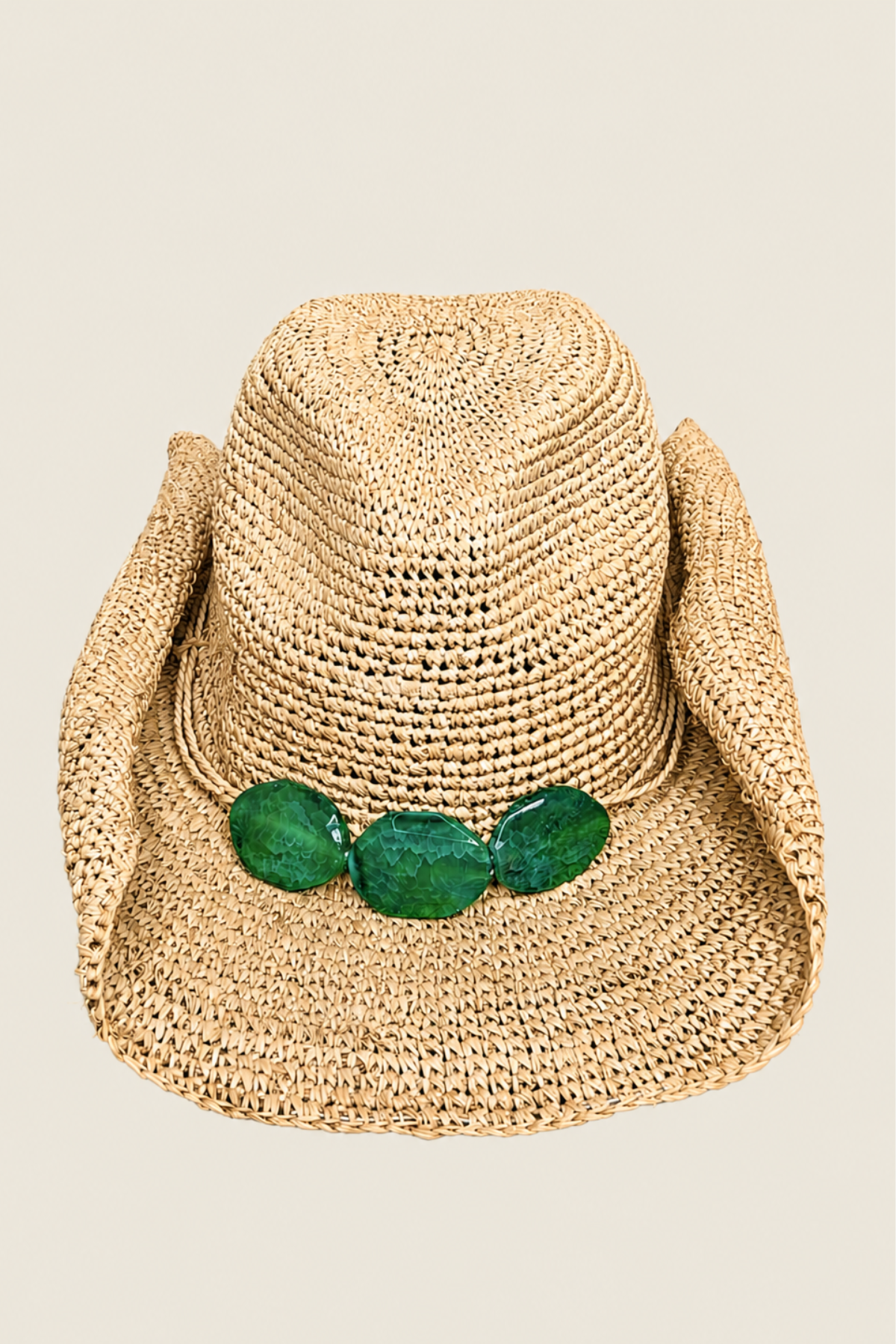 Sombrero cowboy Florabella Billie Aloe en rafia verde agua, con ala ancha y cinta decorativa, ideal para un estilo fresco y veraniego