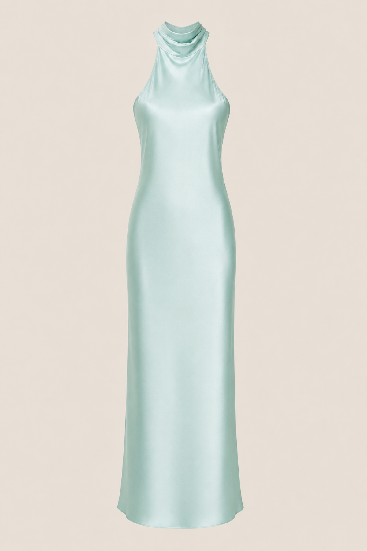 Vestido largo baby blue elegante con cuello halter y ideal para bodas y graduaciones