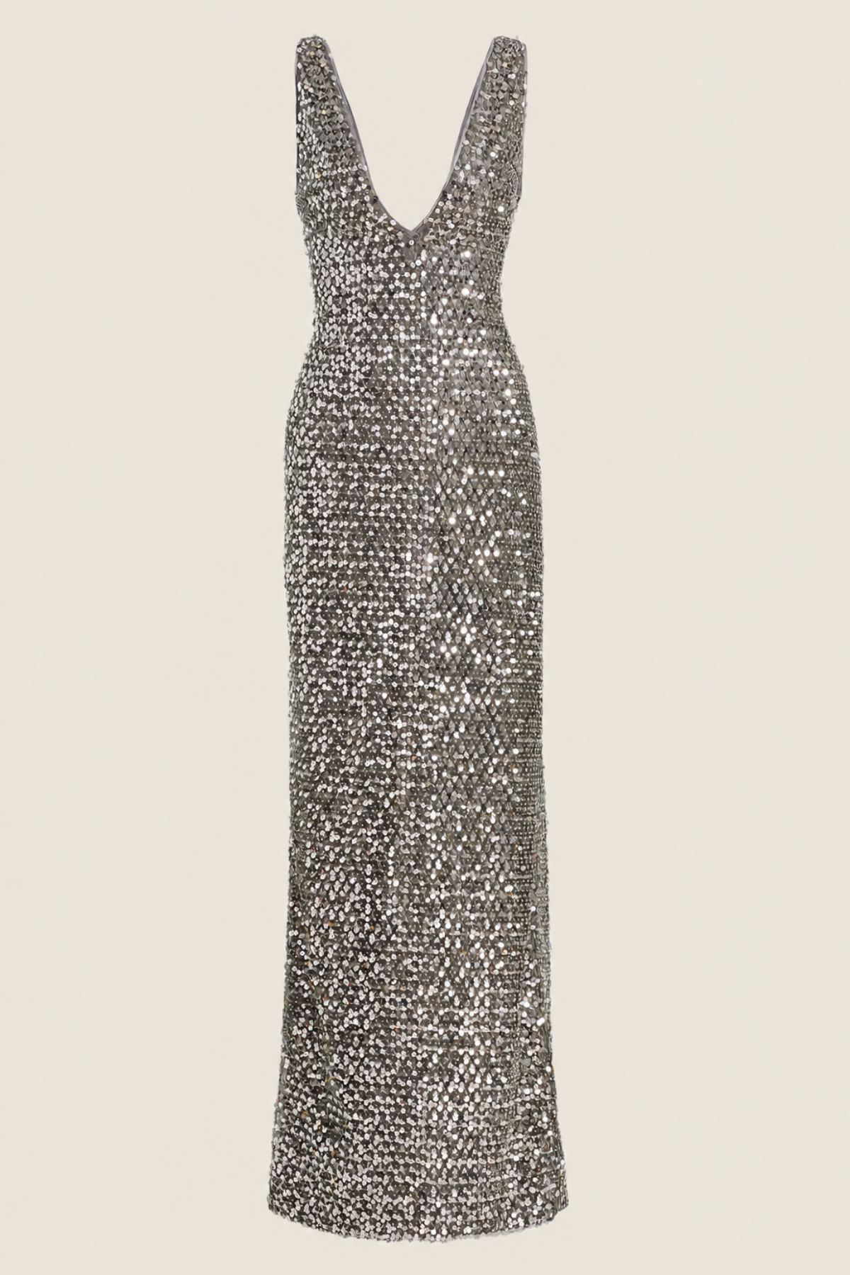Vestido largo brillante platinum con escote en V y diseño refinado perfecto para bodas, galas y ocasiones especiales