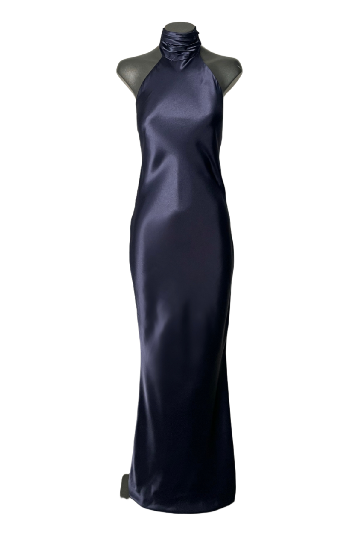 Vestido largo navy azul marino halter con corte maxi y tela ligera para celebraciones elegantes y galas