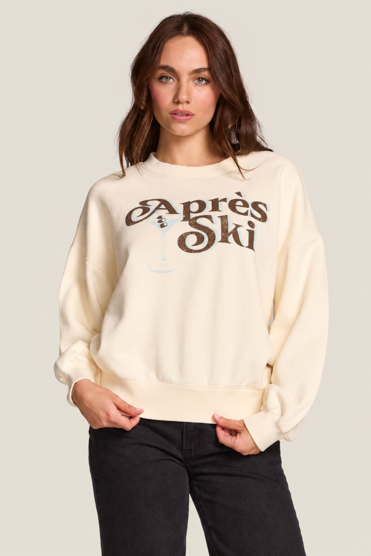 Sudadera beige de mujer con estampado Après Ski y manga larga