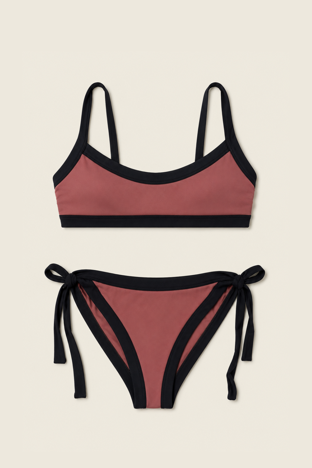 Bikini Vila marrón con top deportivo y braguita de lazo ajustable para mujer