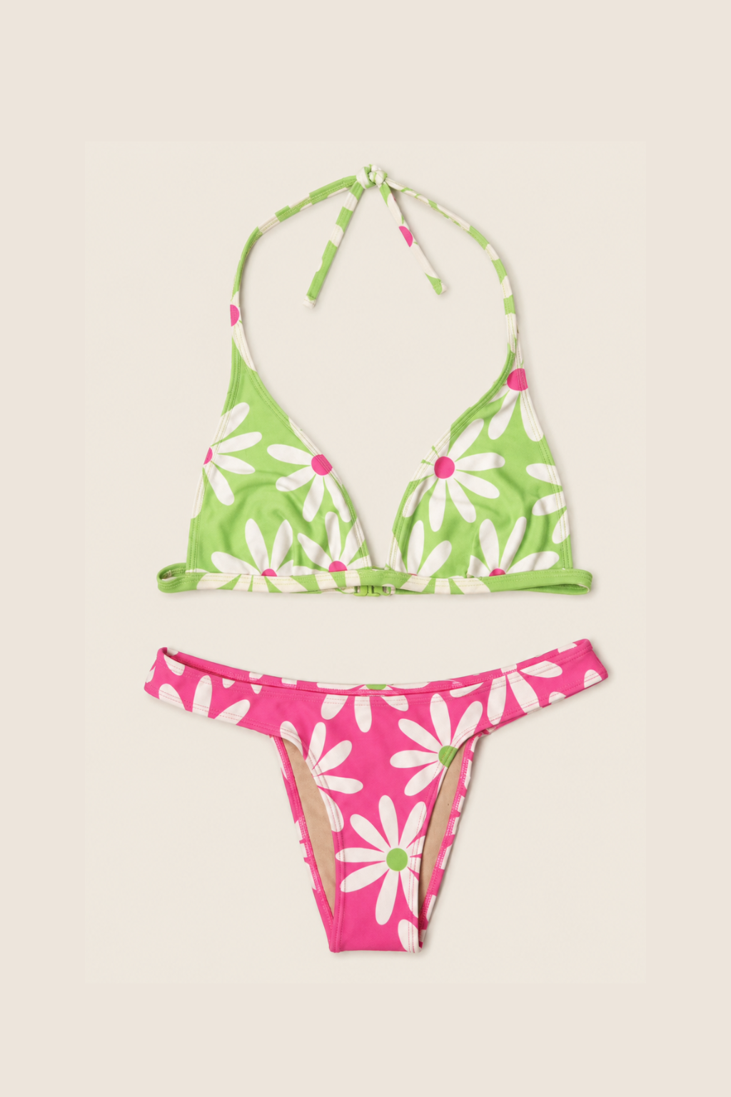 Bikini Vila Cmarit rosa para mujer con estampado tropical, top halter y braguita de corte favorecedor para playa y piscina