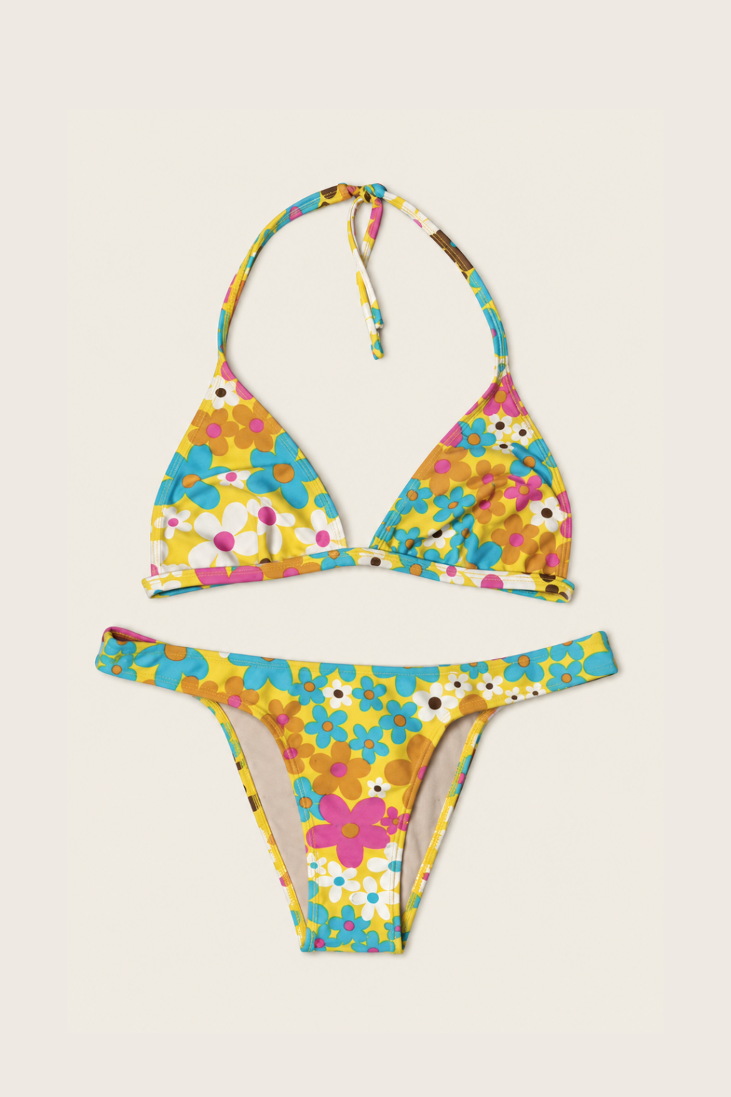 Bikini Vila Cmarrit amarillo para mujer con estampado floral, top triangular y braguita de corte favorecedor para playa y piscina