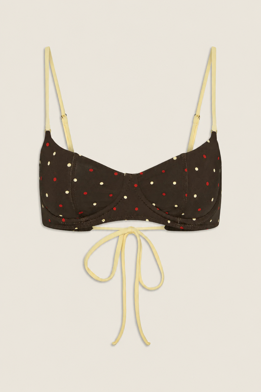 Vista del top de bikini Cola Underwire Shine en satén marrón con lunares Honey Bug, copas con aros estructurados y tirantes amarillos en contraste para un look veraniego de primera calidad
