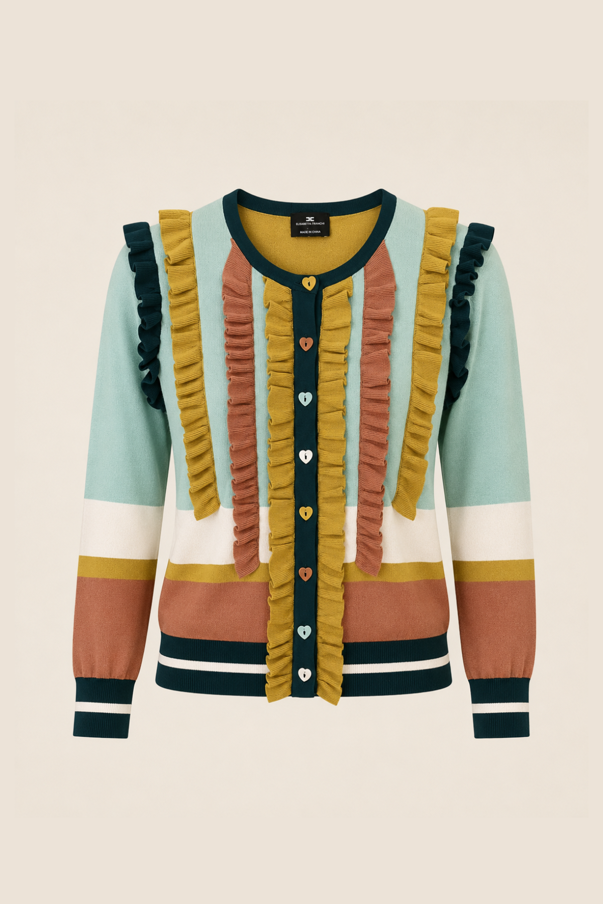 Cárdigan en tono pastel con manga tres cuartos, volantes frontales y botones multicolor para un look romántico y juvenil