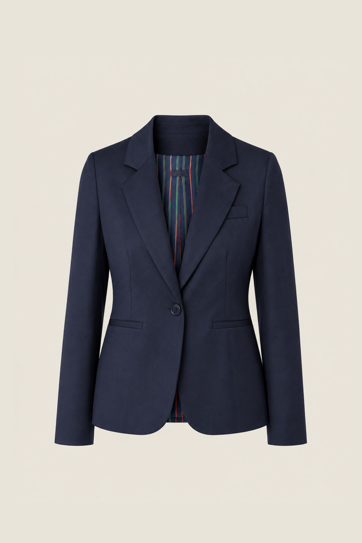 Blazer Wren azul marino de corte sofisticado con hombreras estructuradas y botones dorados, perfecto para looks profesionales o eventos elegantes