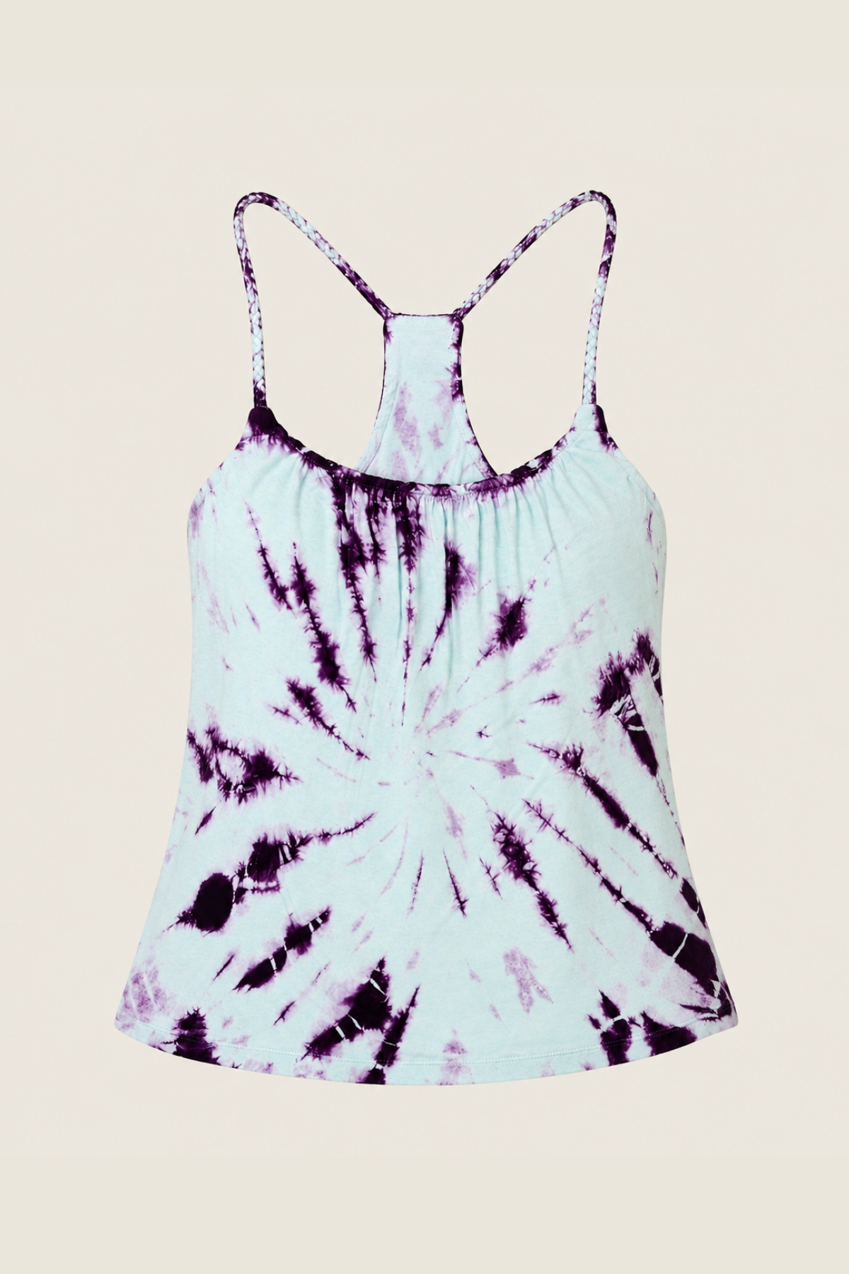 Gypsy Tie Dye Tee azul‑púrpura con tirantes trenzados y efecto tie‑dye vibrante ideal para looks boho