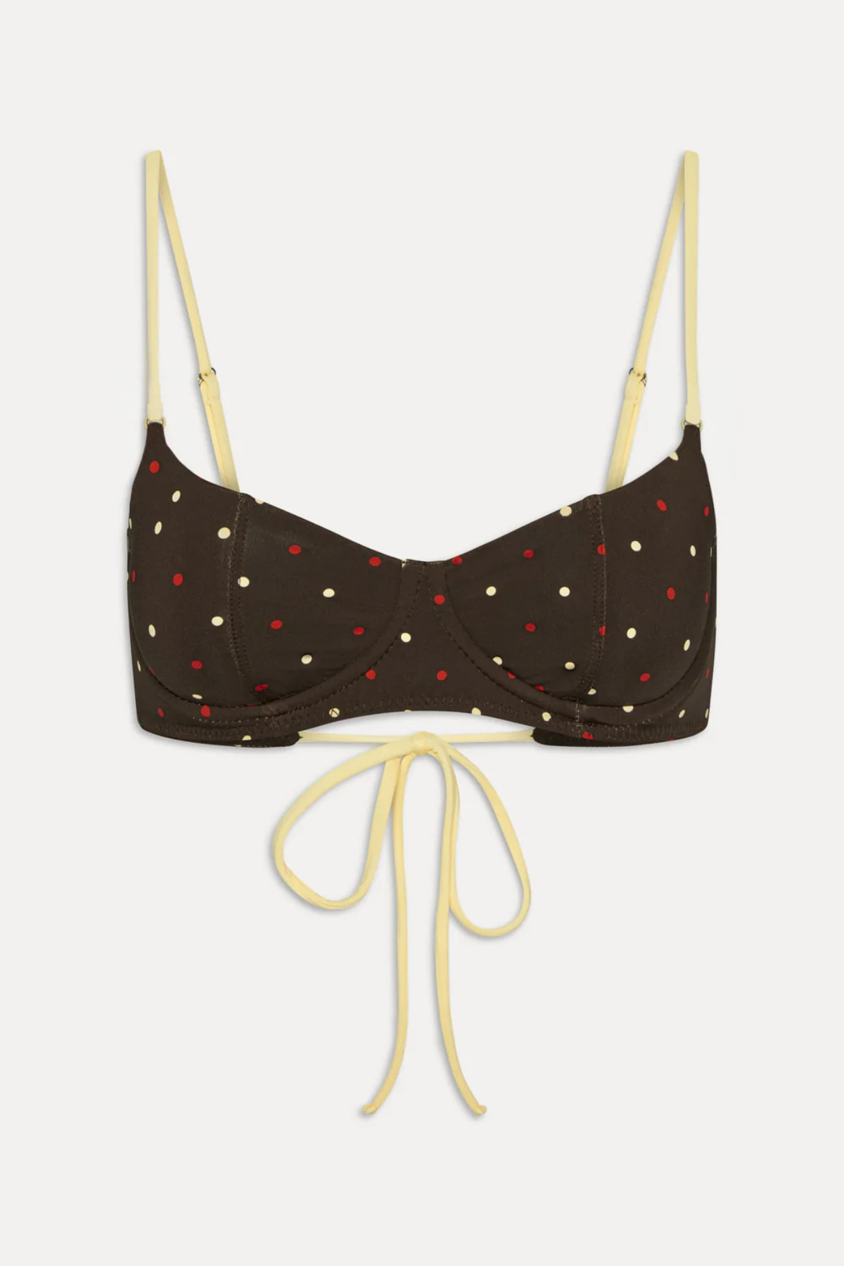 Vista del top de bikini Cola Underwire Shine en satén marrón con lunares Honey Bug, copas con aros estructurados y tirantes amarillos en contraste para un look veraniego de primera calidad