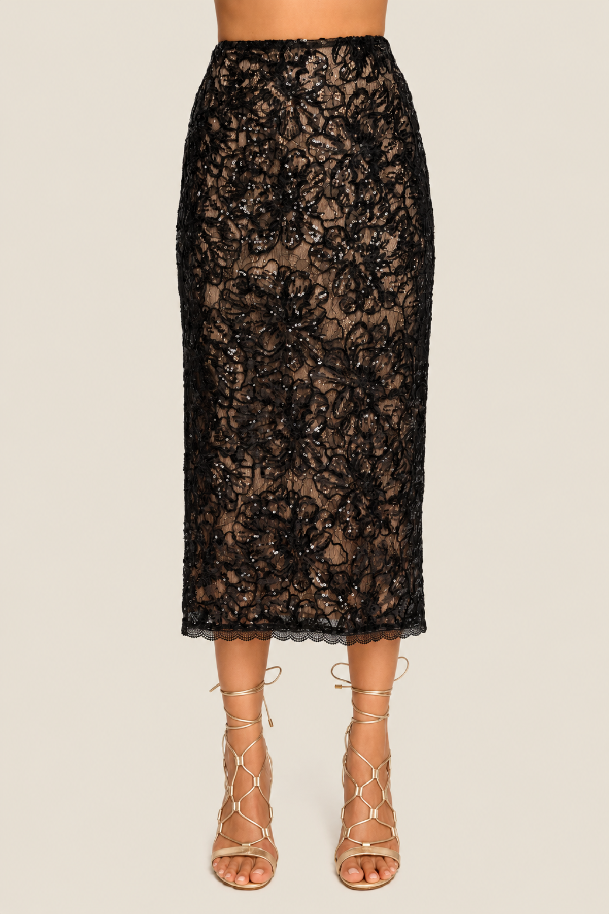 Falda Gabrielle de cintura alta con encaje y lentejuelas negras Ramy Brook