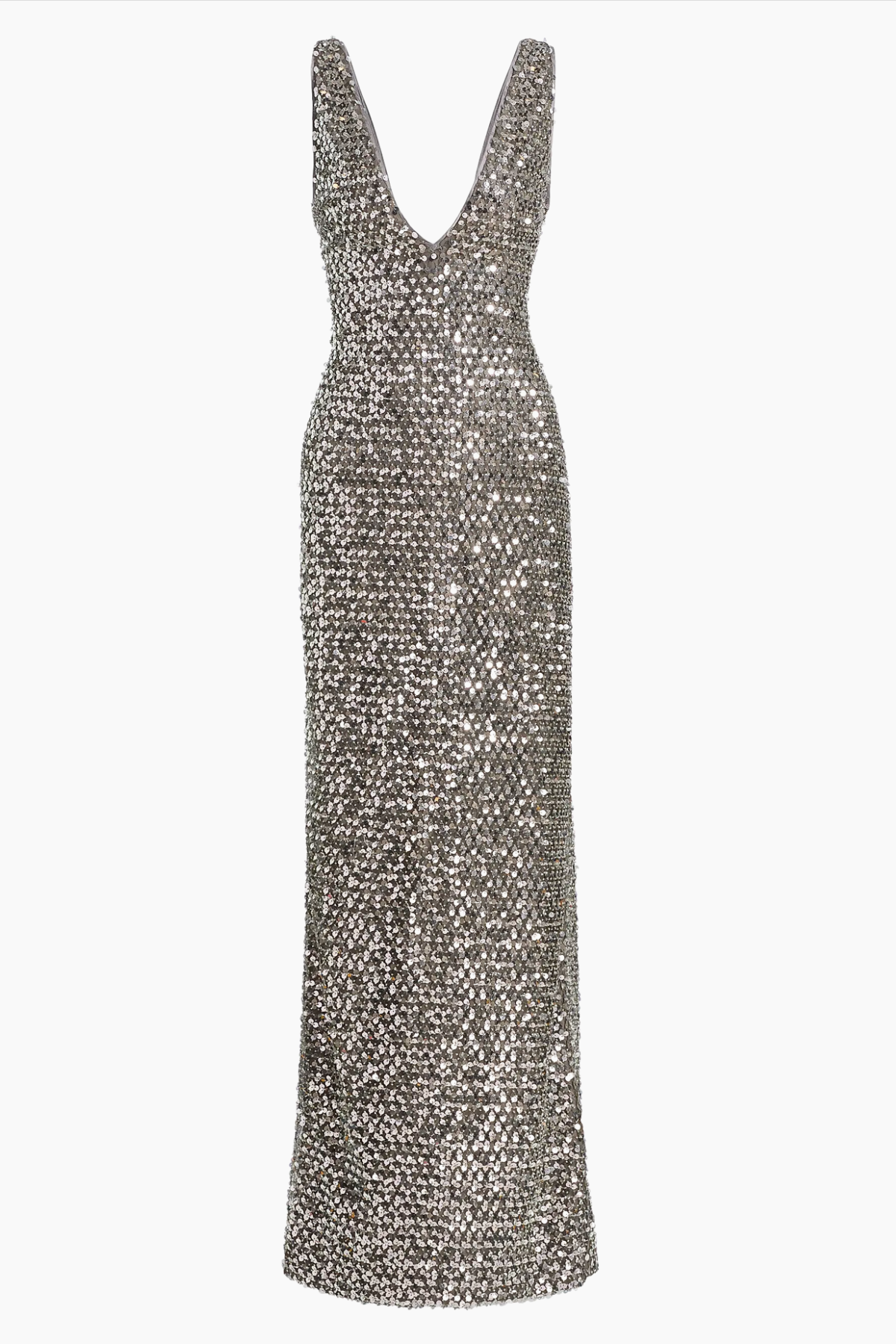 Vestido largo brillante platinum con escote en V y diseño refinado perfecto para bodas, galas y ocasiones especiales