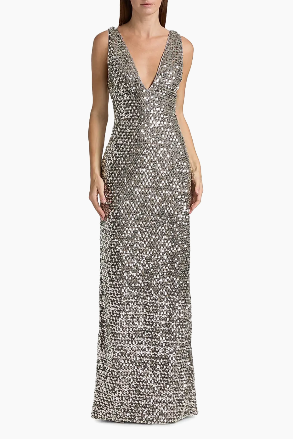 Vestido largo platinum Ellie con bordado de lentejuelas y escote en V ideal para galas, eventos y looks red carpet luxury