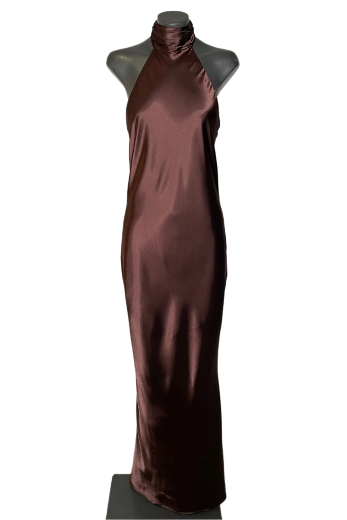 Vestido Largo Lana de Vila en color Brown, corte Recto, con cuello Halter y escote en la espalda