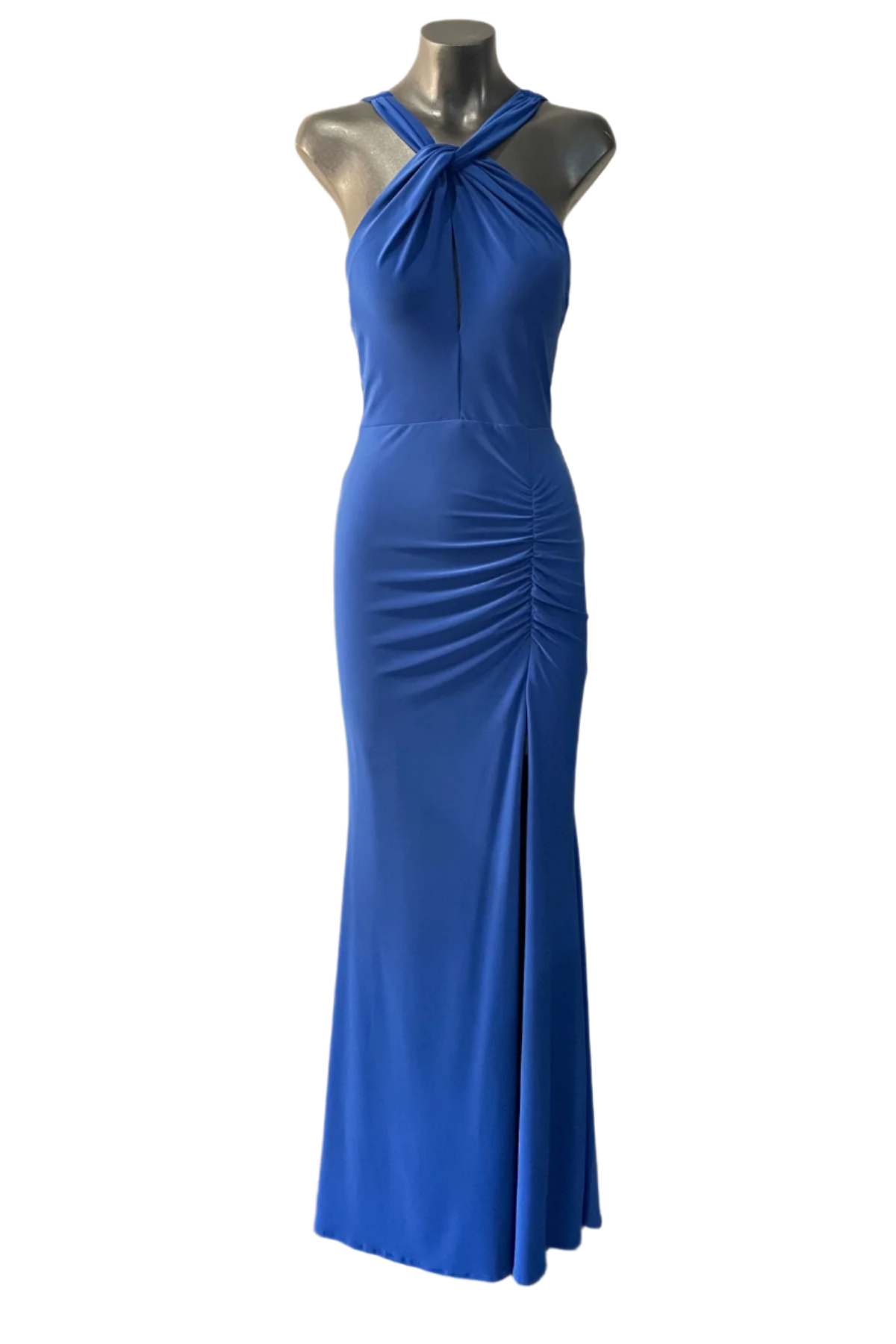 Vestido largo Vila azul en maniquí con vista frontal mostrando el diseño elegante y caída fluida del tejido sobre fondo blanco