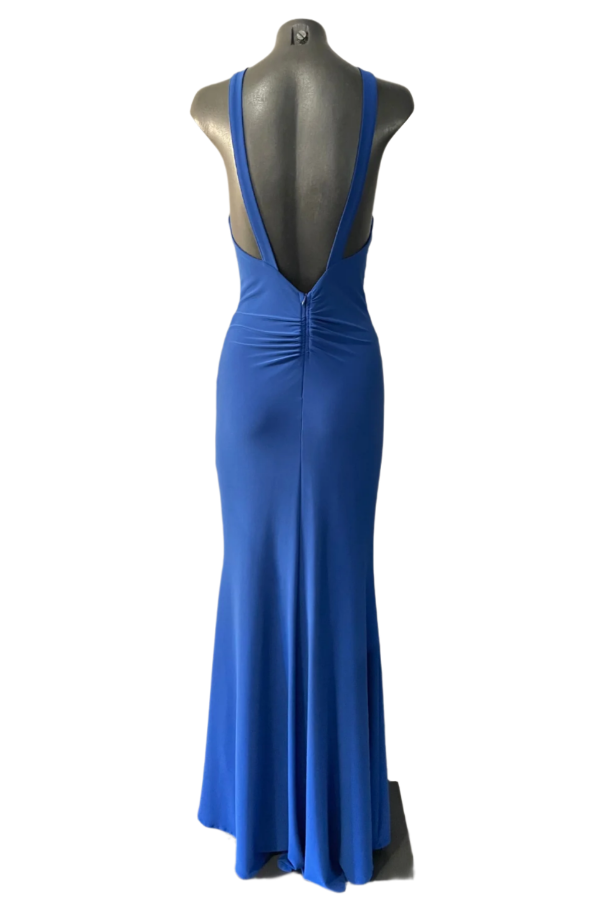 Vestido largo Vila azul en maniquí con vista trasera destacando el corte y detalles del diseño sofisticado sobre fondo blanco