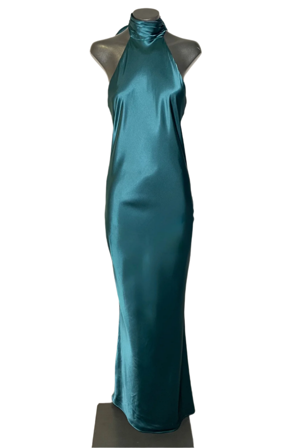 Vestido largo Vila en lana teal con corte recto, cuello halter y escote espalda en V, tejido grueso invernal para elegancia sensual