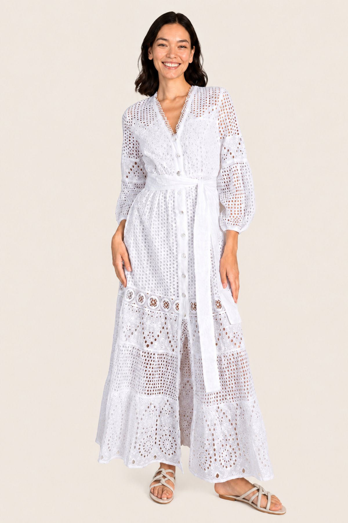 Vestido largo Temptation Positano Sesia en tono beige claro con diseño fluido y escote profundo ideal para eventos elegantes