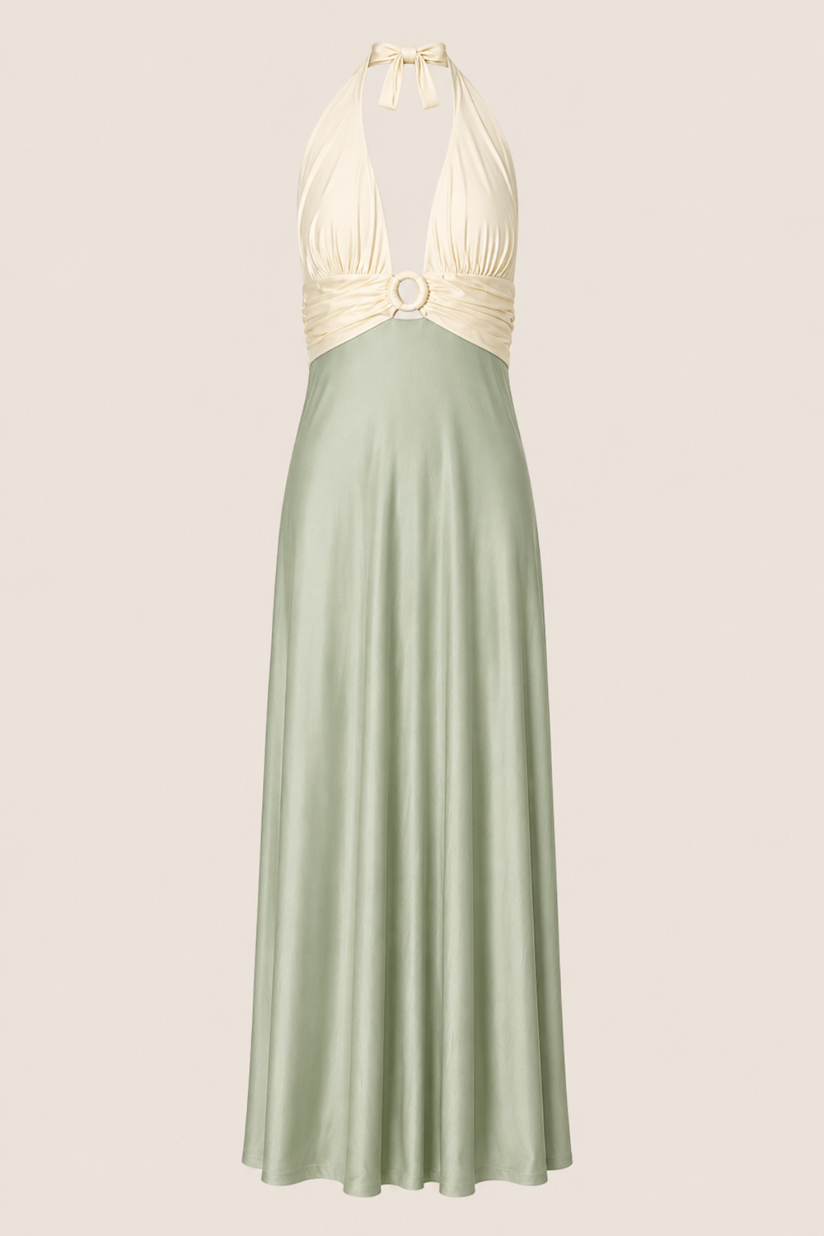 Vestido Fibbia silk avorio salvia largo con silueta sirena y escote en V elegante
