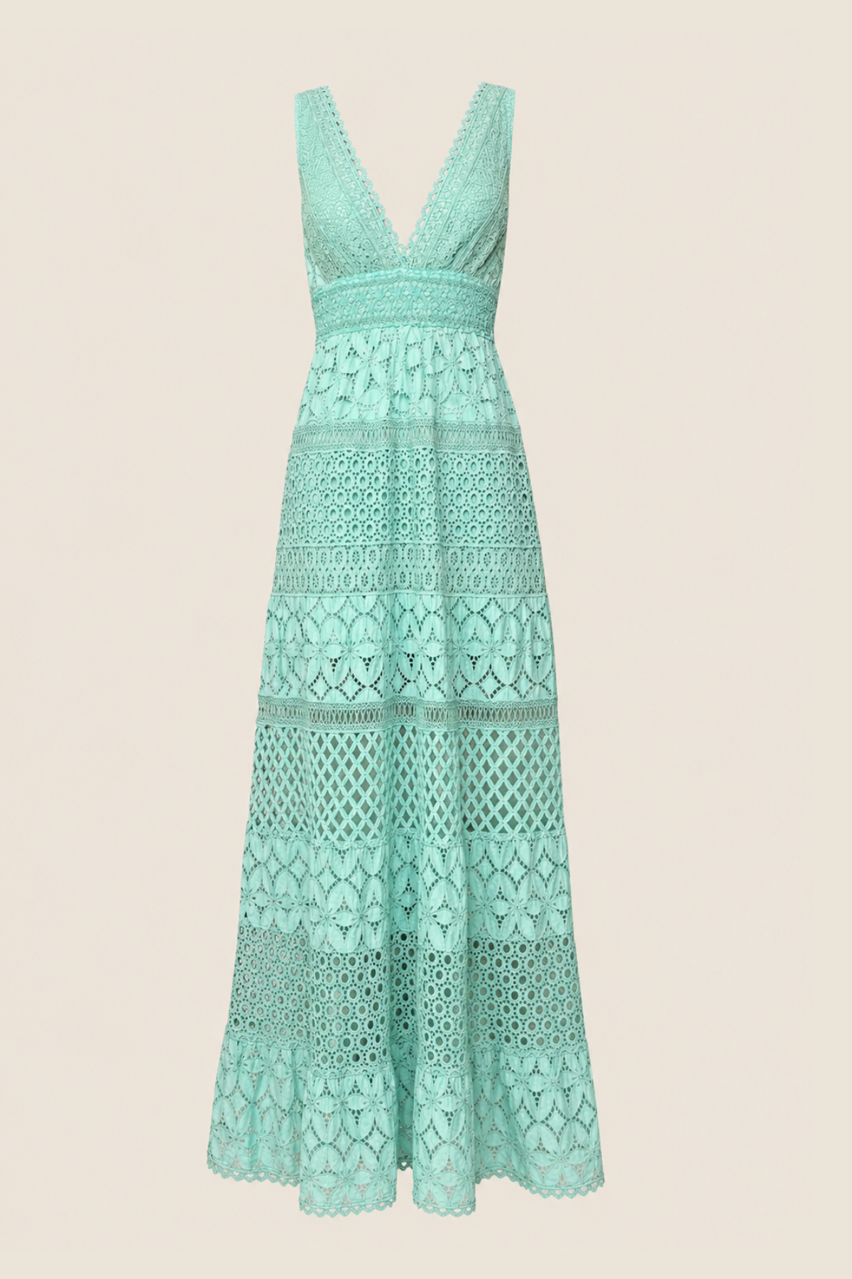 Detalle vestido largo teal con escote cruzado y tejido de algodón ligero elegante y fresco