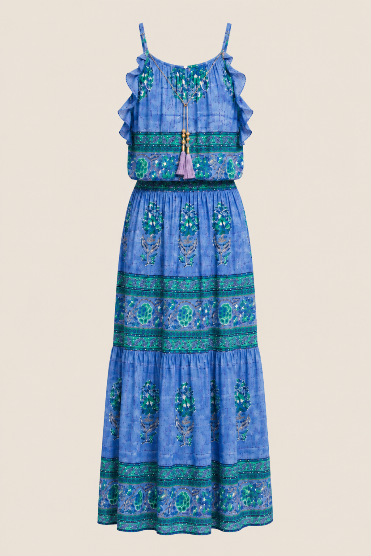 Vista frontal con vestido largo Bell azul estampado, mostrando silueta definida y volante
