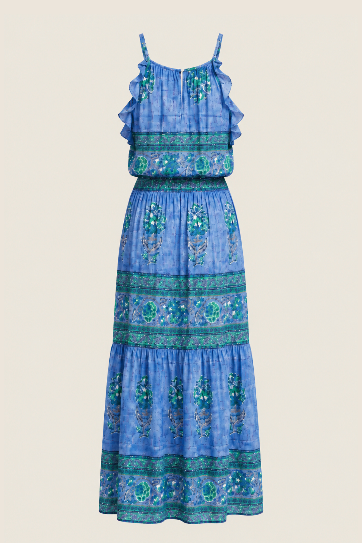 Vista trasera de vestido largo Bell en maniquí con volante en sisa y caída fluida de tejido voile estampado
