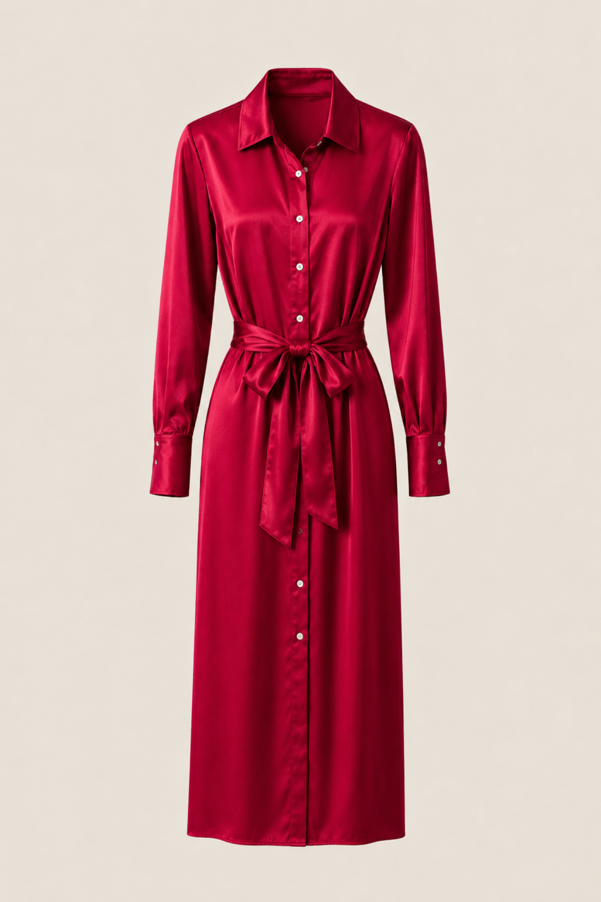Vista frontal del vestido midi Victoria Burgundy colgado en percha sobre fondo blanco destacando el diseño elegante y detalles del tejido