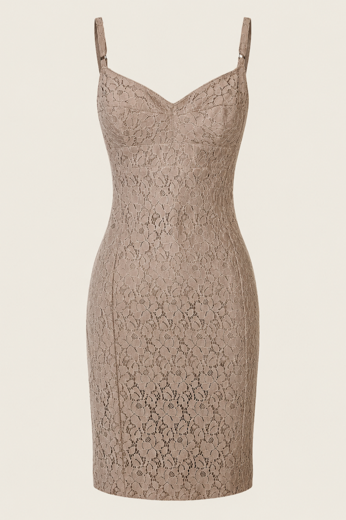 Vestido midi corset Ticci Tonetto exhibido en maniquí de frente sobre fondo blanco resaltando corte y forma ajustada