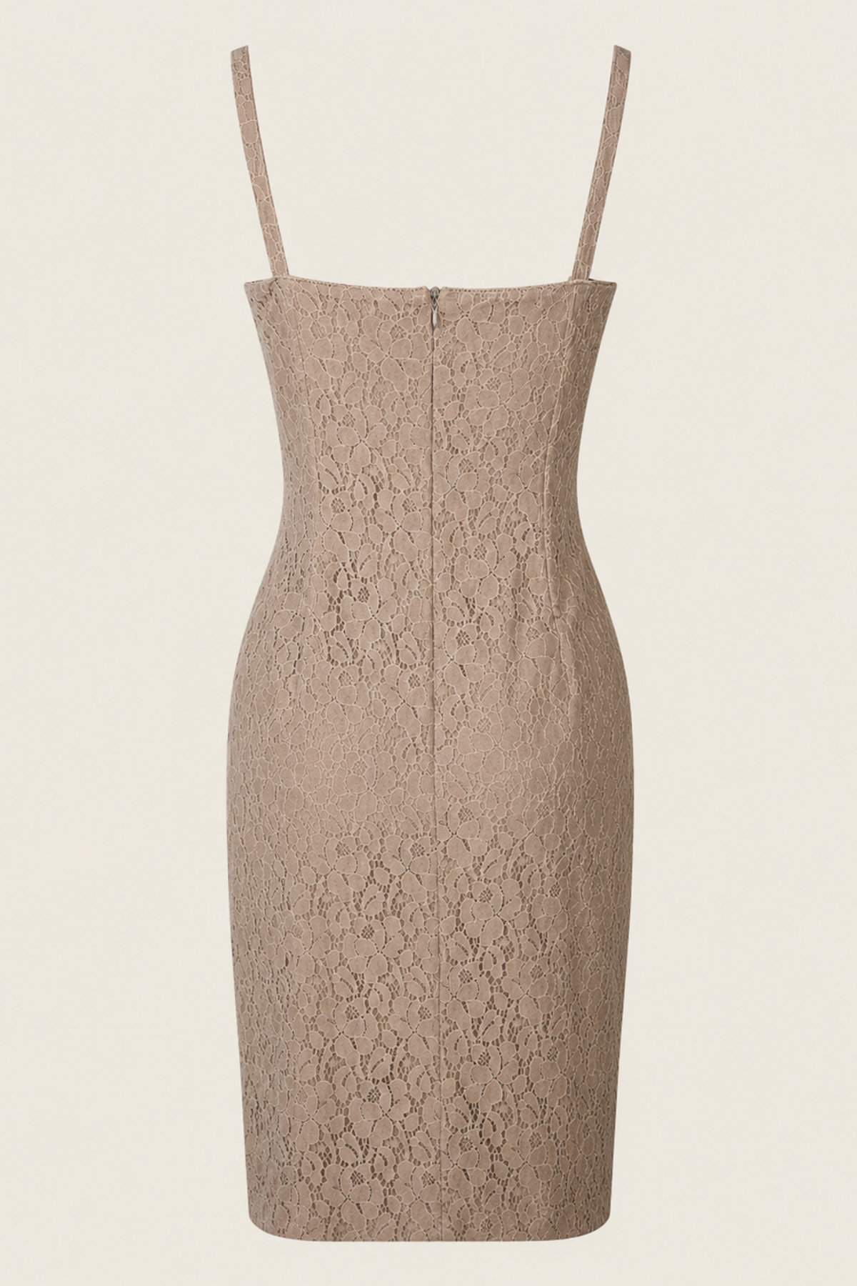 Vestido midi ajustado Ticci Tonetto mostrado en maniquí desde atrás con fondo blanco para destacar cierre y diseño