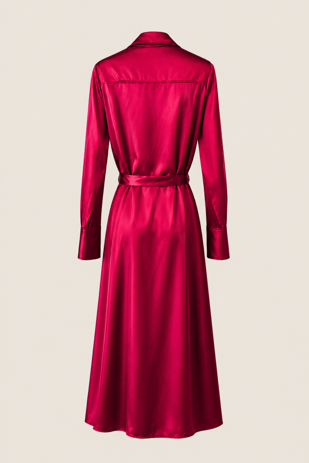 Vista trasera del vestido midi Victoria Burgundy colgado en percha sobre fondo blanco mostrando el corte y detalles del diseño