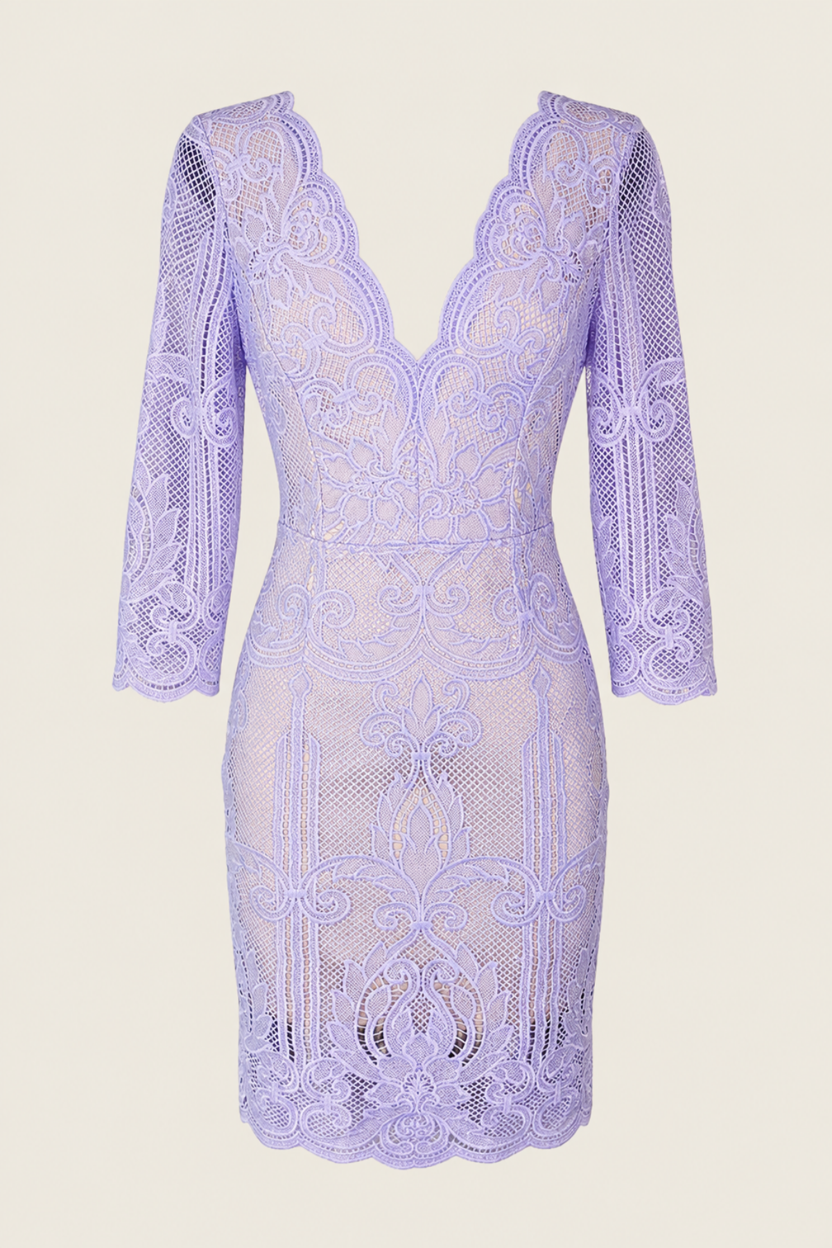Vestido midi V Neck Lace Angel Biba color lavanda en maniquí sobre fondo blanco, mostrando escote en V y encaje floral