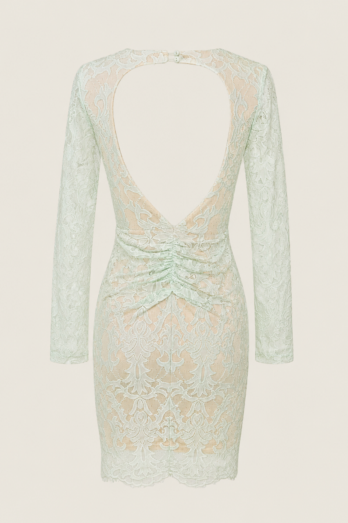 Vista trasera del vestido midi Angel Biba Lace en verde menta sobre maniquí con fondo blanco, destacando encaje y forro