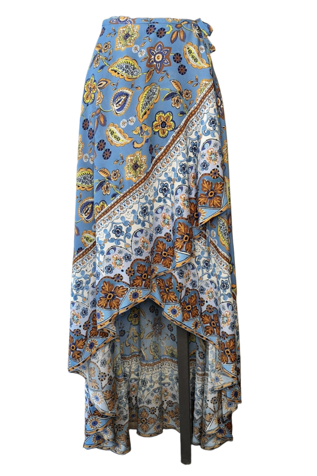 Falda larga boho de Raffaela D'Angelo con volantes, diseño envolvente y talle alto en viscosa azul paisley