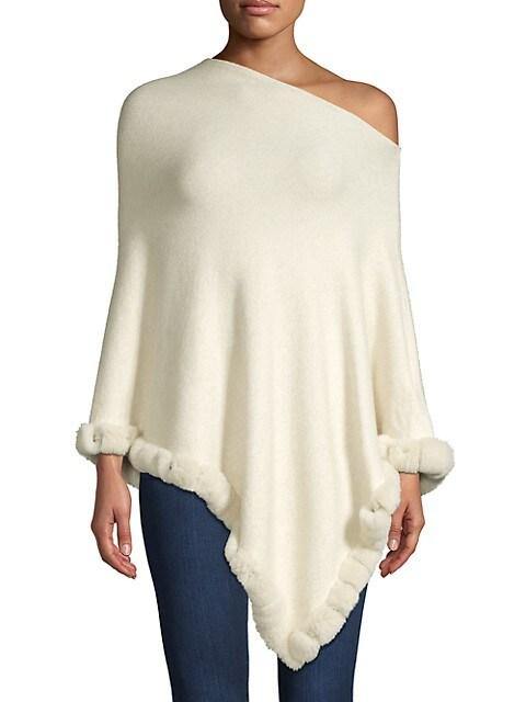 Poncho ivory La Fiorentina con ribete de piel en tono a juego, corte asimétrico elegante y femenino