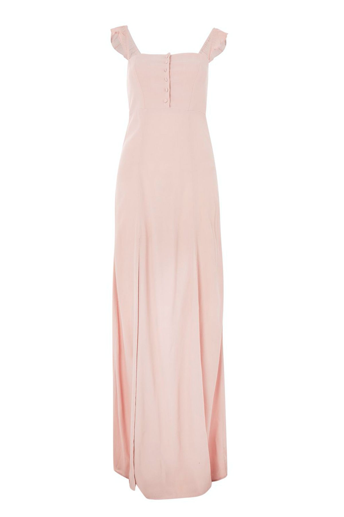 Vestido largo Flynn Skye Bardot rosa claro, tirantes de volantes y abertura lateral sobre fondo blanco