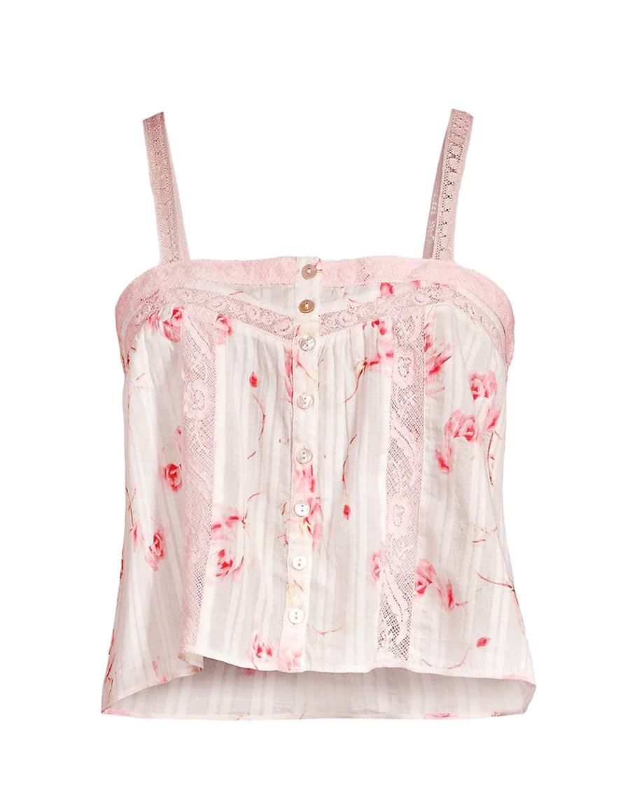 Top LoveShackFancy Maitri Cherry Soda sobre fondo blanco, mostrando su forma, color intenso y detalles bordados