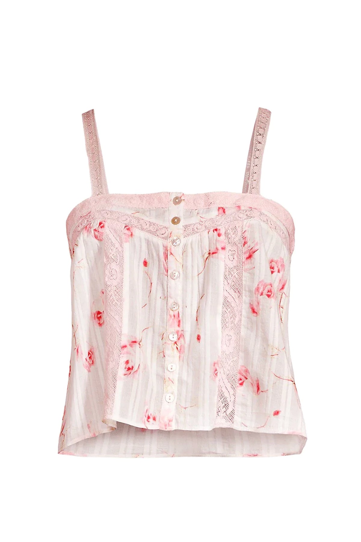 Top LoveShackFancy Maitri Cherry Soda sobre fondo blanco, mostrando su forma, color intenso y detalles bordados