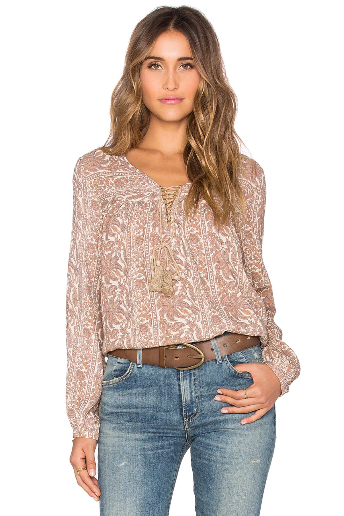 Blusa marrón Sunset Meadow de Eternal Sunshine Creations con estampado floral y mangas largas fluida ideal para looks bohemios