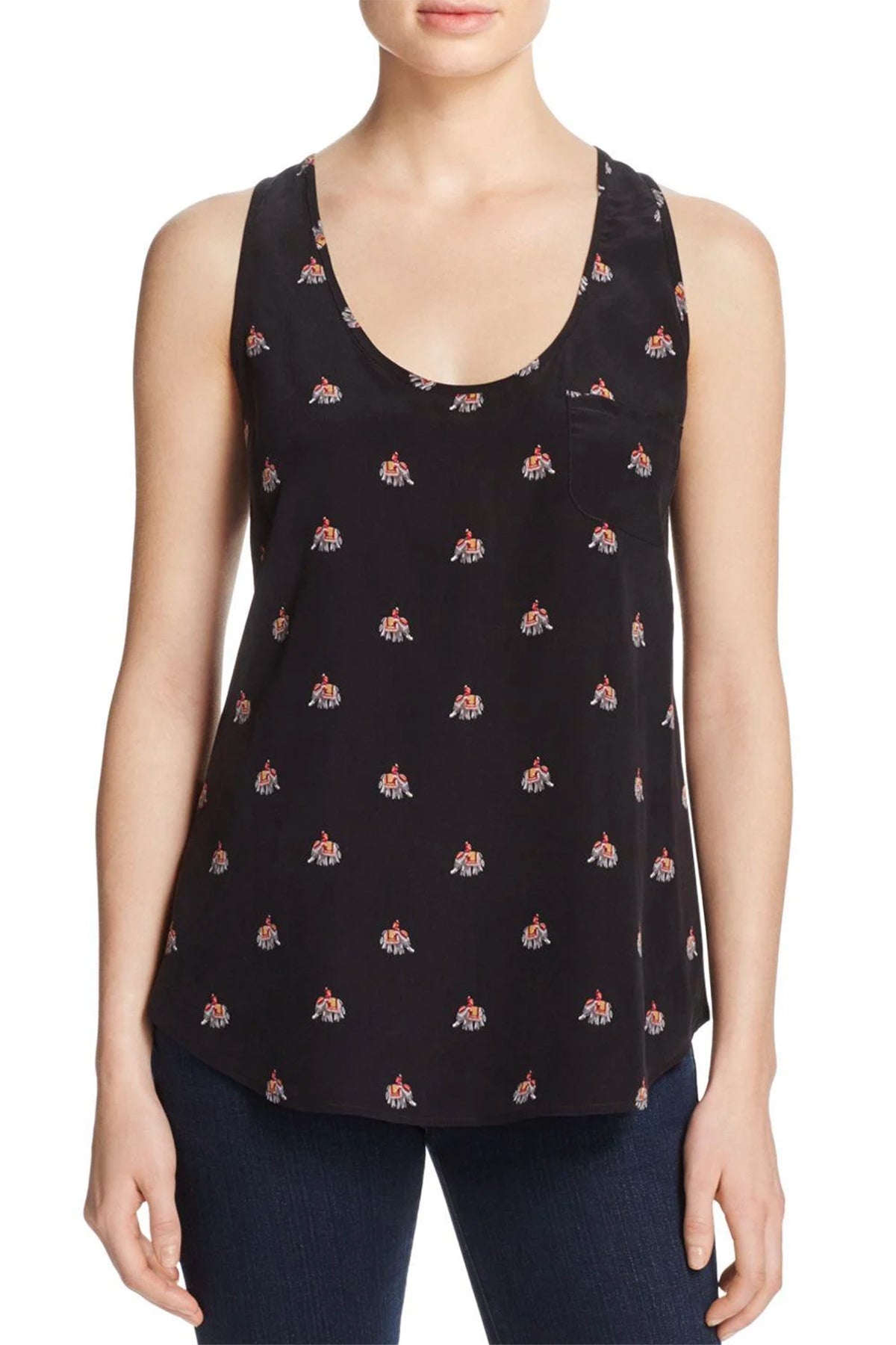 Joie Rain B Top en seda negra Caviar con estampado de elefante delicado, ideal para looks elegantes y sofisticados