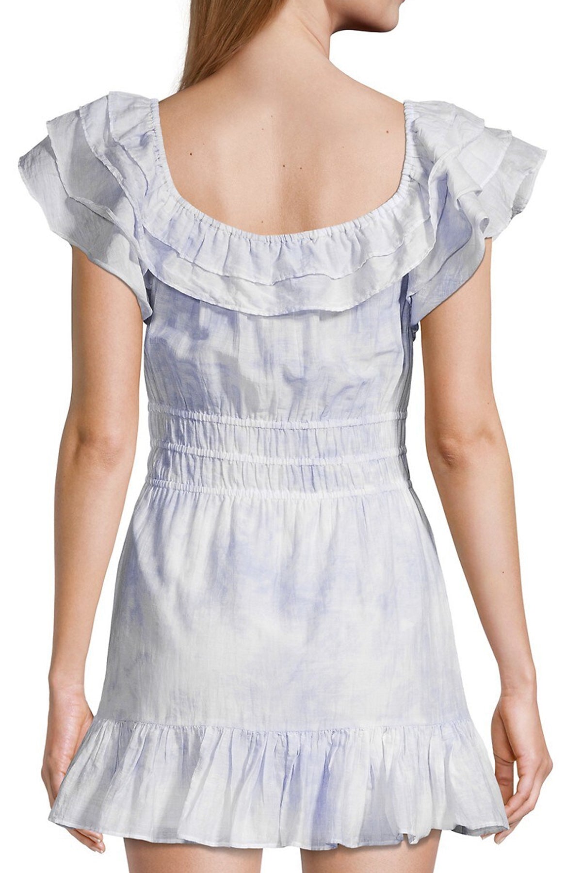 Plano trasero del vestido corto Kamie LoveShackFancy en modelo mostrando cierre oculto y estampado floral completo