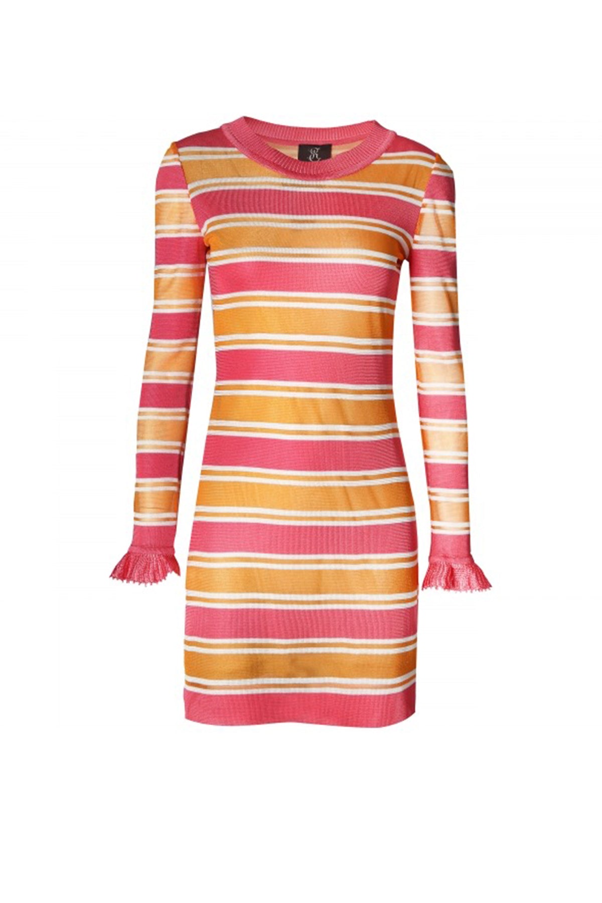 Vestido corto Kukhareva Piper coral/ocre en vista frontal mostrando el diseño elegante y el ajuste perfecto del vestido