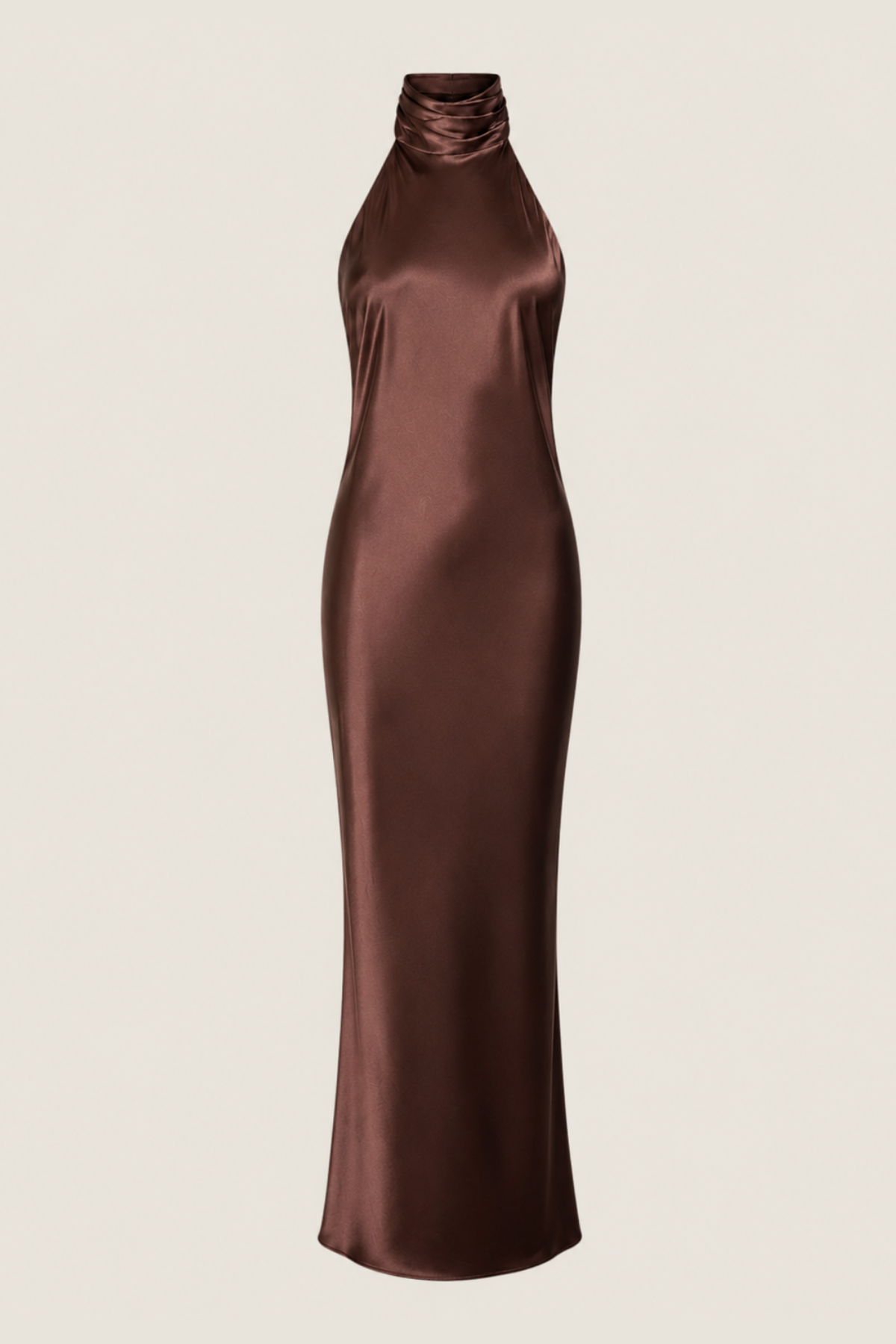 Vestido largo de fiestas Lana en color marrón, con cuello Halter y escote en la espalda ideal para bodas