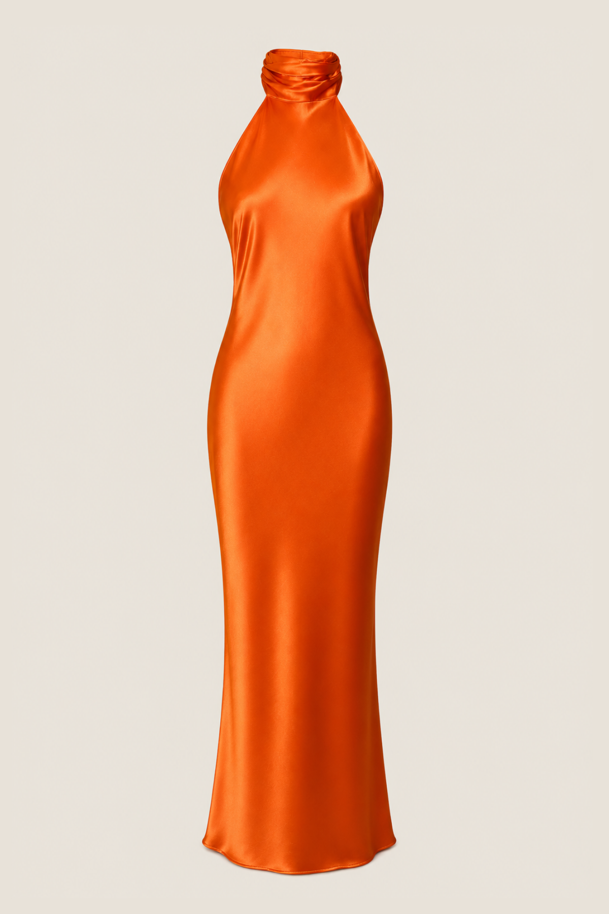 Vestido largo Lana naranja intenso con cuello halter y espalda en V, ideal para graduación y fiestas