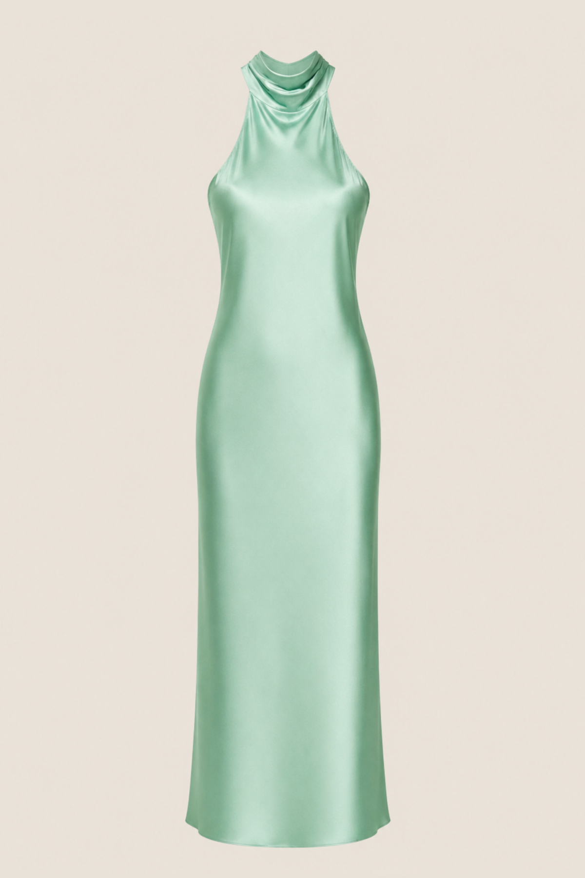 Vestido largo mint verde agua con corte halter y caída suave perfecto para graduaciones