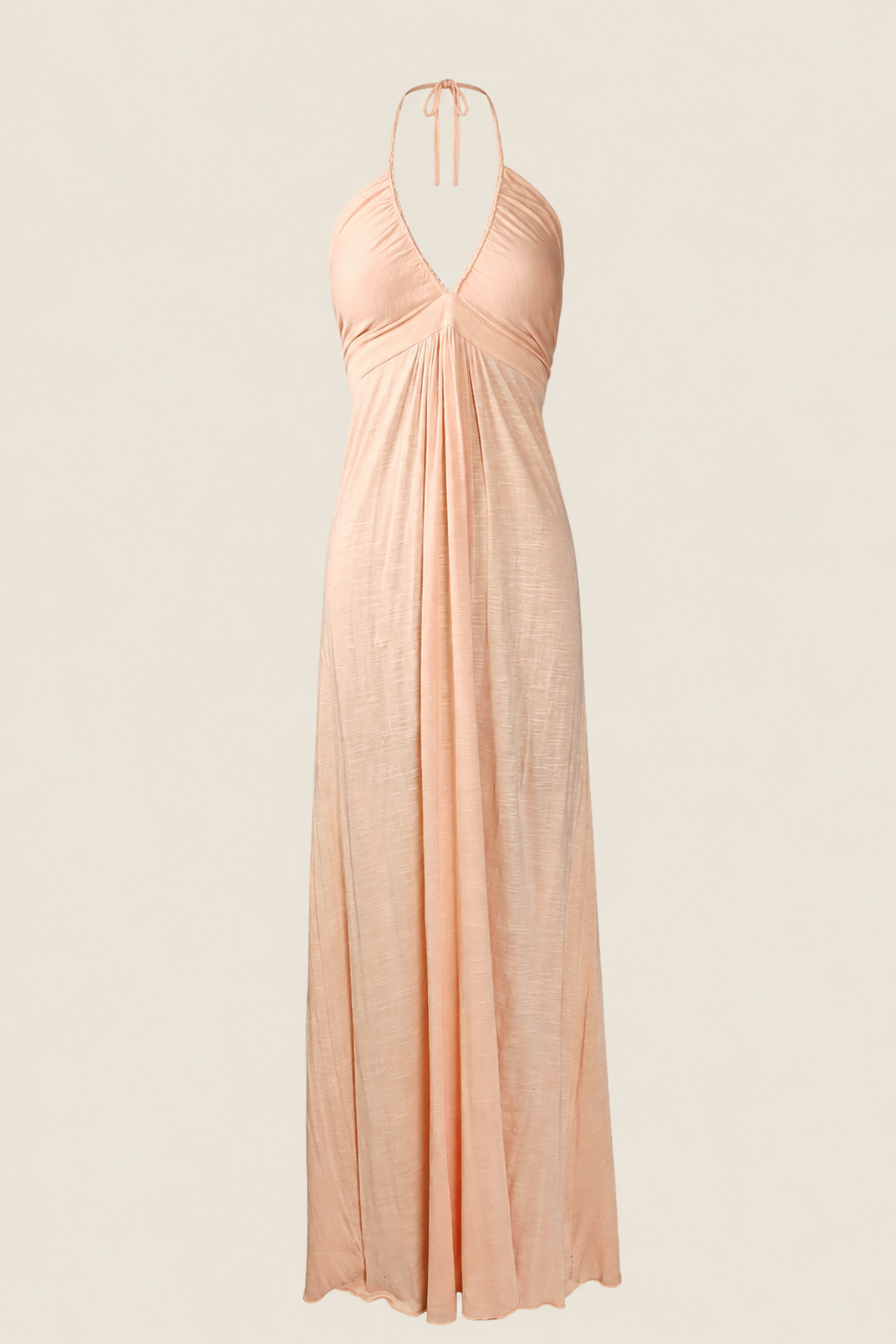 Vestido maxi T Bags Los Angeles color salmon claro en vista frontal sobre fondo neutro, realzando escote y silueta elegante