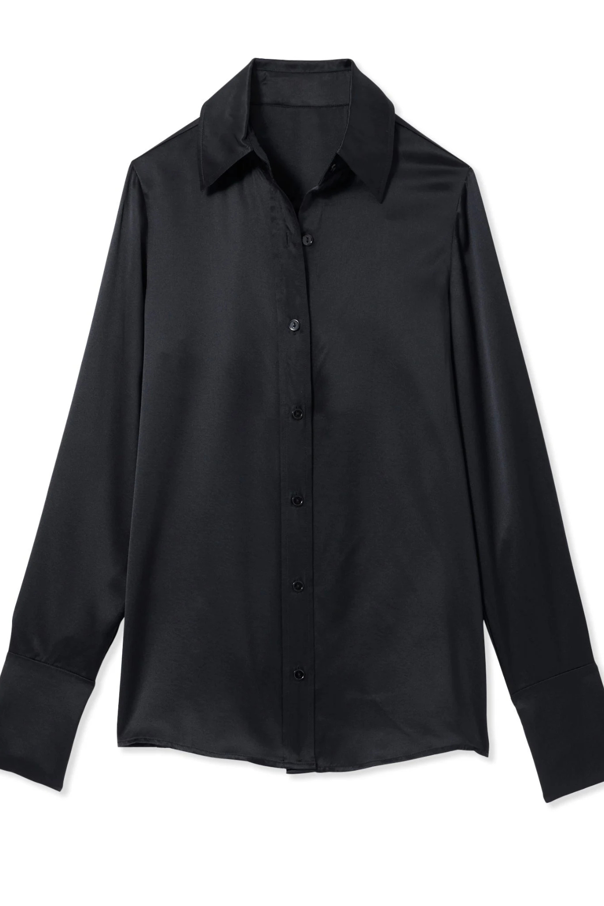 Blusa negra Ramy Brook Victoria sobre fondo blanco: satén de seda con botones nacarados y corte oversize, mostrando su silueta limpia