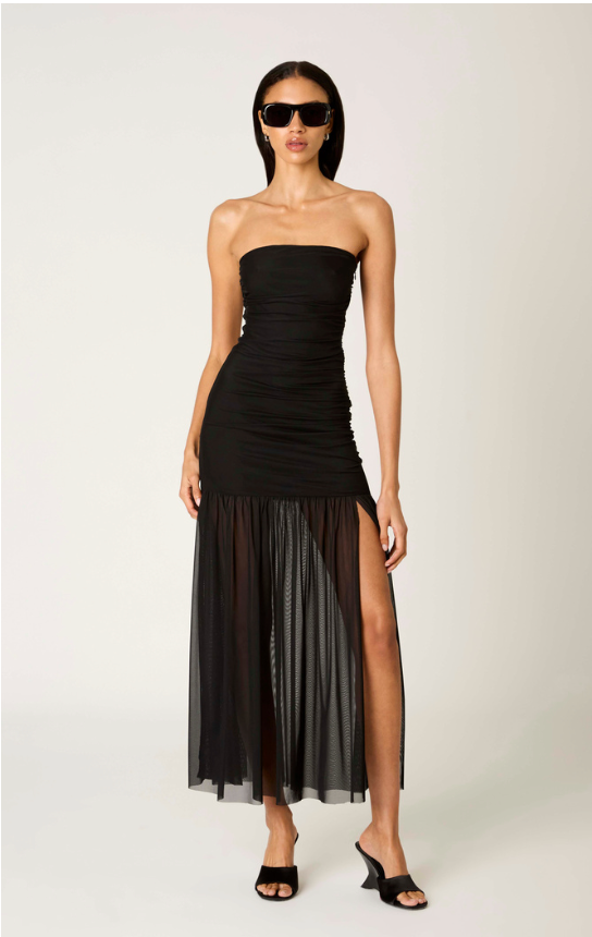 Vestido midi Nola negro de escote pico y manga larga, en tejido de viscosa elástica para looks sofisticados de oficina o cóctel