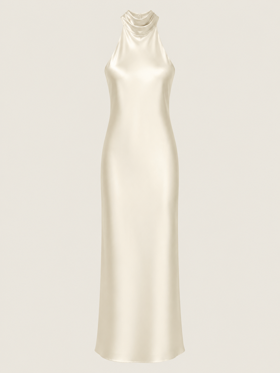 Vestido largo blanco halter con caída fluida y detalle en espalda ideal para bodas y graduaciones