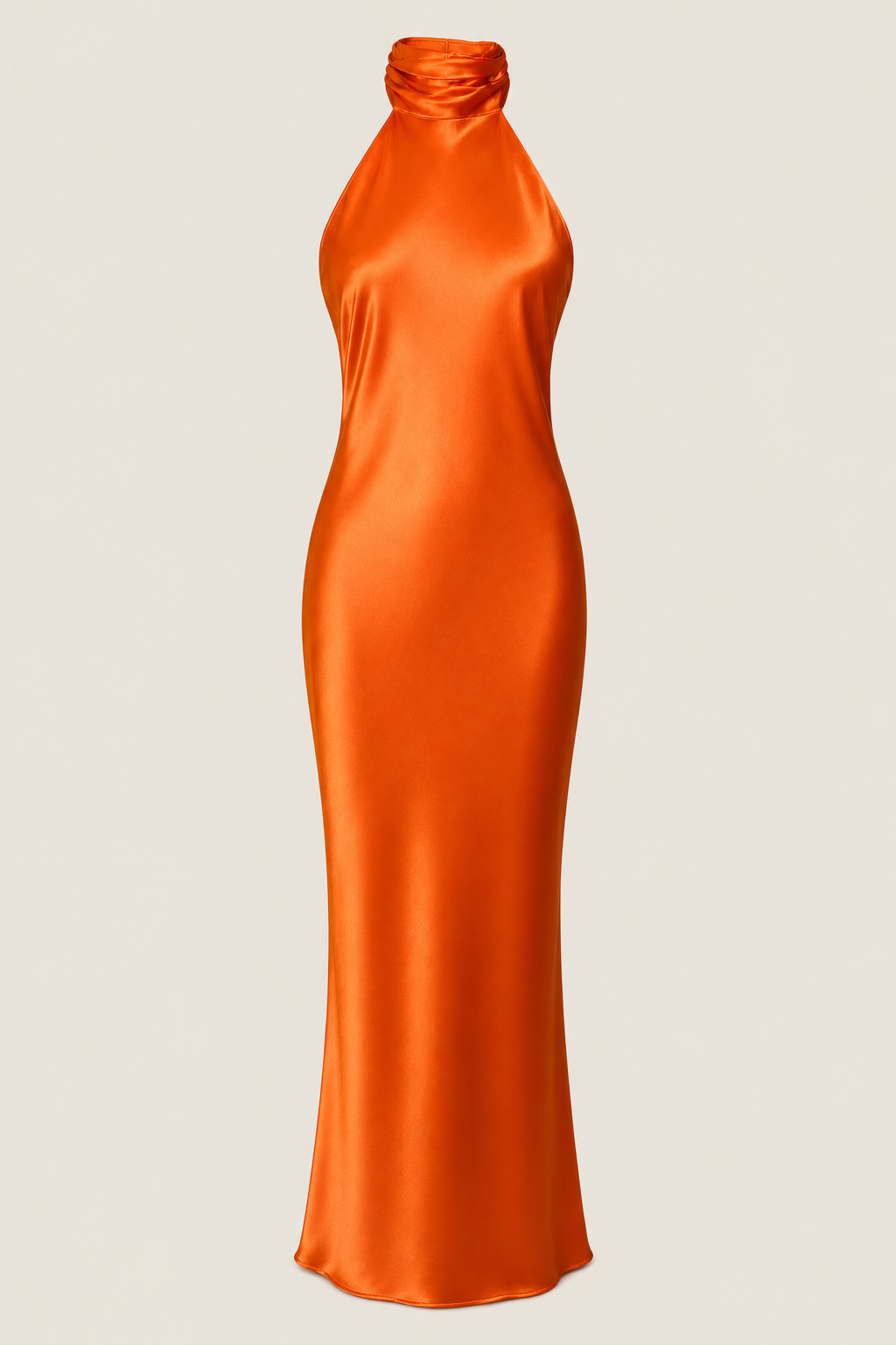 Vestido largo Lana naranja intenso con cuello halter y espalda en V, ideal para graduación y fiestas