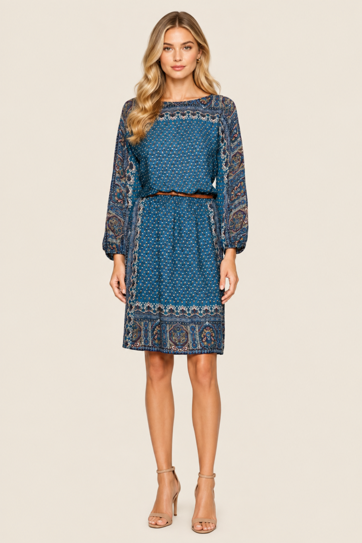 Vestido corto Joie Emory en azul intenso con cuello redondo y cintura elástica ideal para eventos elegantes