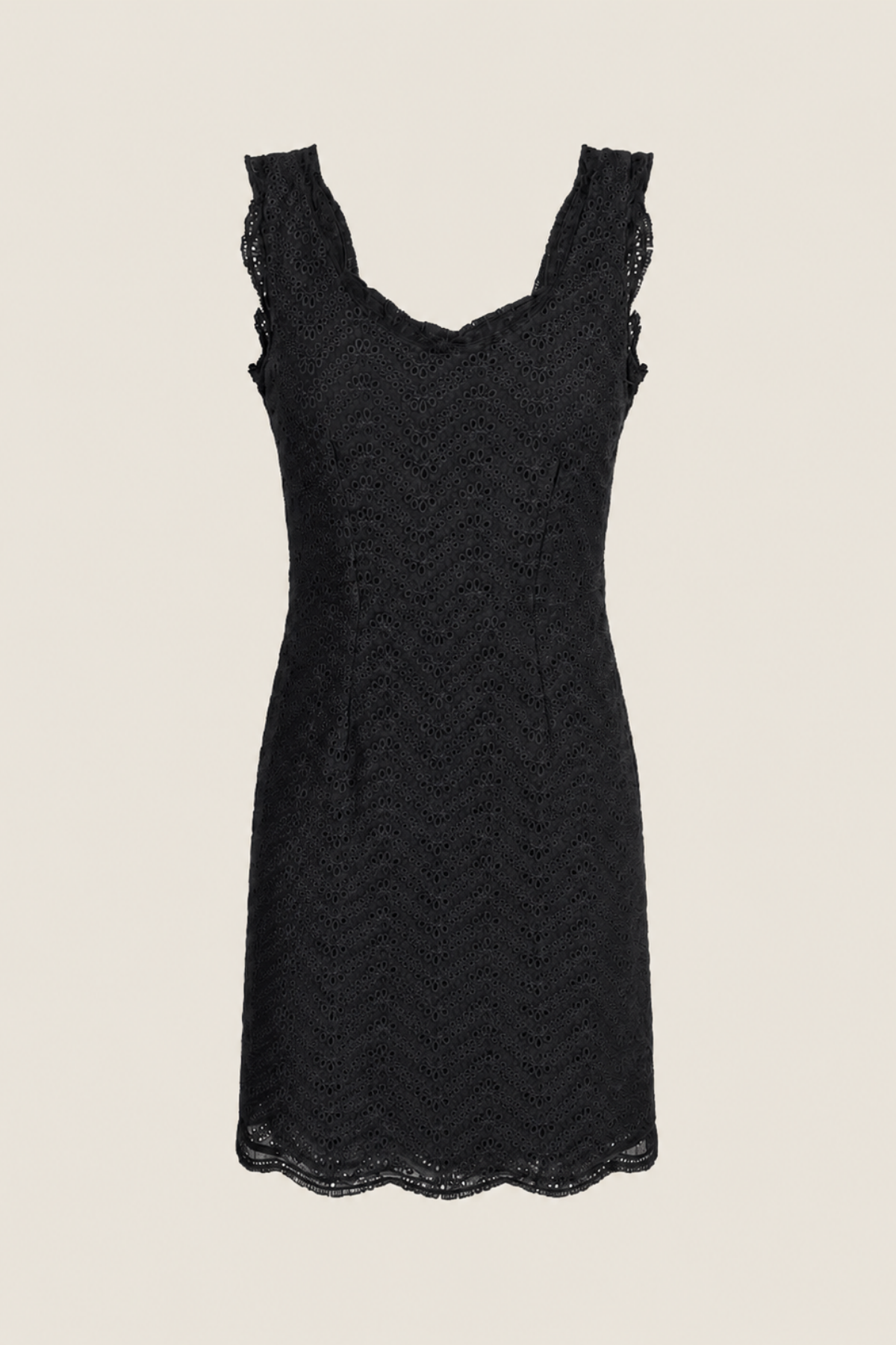 Vestido corto Joie Rori en encaje negro sobre maniquí en vista frontal sobre fondo blanco mostrando su diseño elegante y entallado